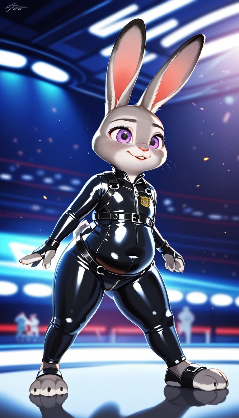 Judy hopps from Zootopia, Judy hopps,animation, Highest quality, Highest quality, High quality illustrations, masterpiece, Ultra-high resolution, Detailed Background, cyber-, Absurd, Perfect Anatomy, leaning, show off body, show case of body, Good lighting, Shadows in the movies(kemono, Furry PersonifiCation), rabbit, bunny, Rubber suit, latex, neon, neonライト, neonカラー, Racing Suits, Bodysuits, Harness, Leather Half Jacket, bedroom, Zootopia , thick body, Thick,chubby, chubby and thick 