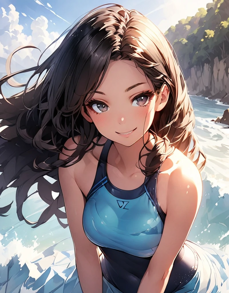 Drawing a person using line art, one girl with Great proportions, solo, Beautiful brown mid-length hair french woman, Intense black eyes, Strong eye highlights, eyelash, Lip gloss, Natural proportions, Healthy and beautiful body, Skin with attention to detail, Perfect Anatomy, a strong smile, Detailed Swimsuit, Soft Backlight, Soft Light, Soft natural light, french resort during the day, Beach Resort, Entering the sea, whole body is visible