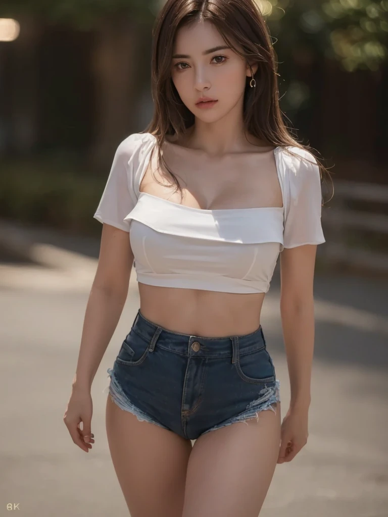 masutepiece, Best Quality, Illustration, Ultra-detailed, finely detail, hight resolution, 8K Wallpaper, Perfect dynamic composition, Beautiful detailed eyes, Off-shoulder t shirt and mini shorts,Bob Hair, mid-chest, Natural Color Lip, Random and sexy poses,Smile,20 years girl Colossal 、nightclub、