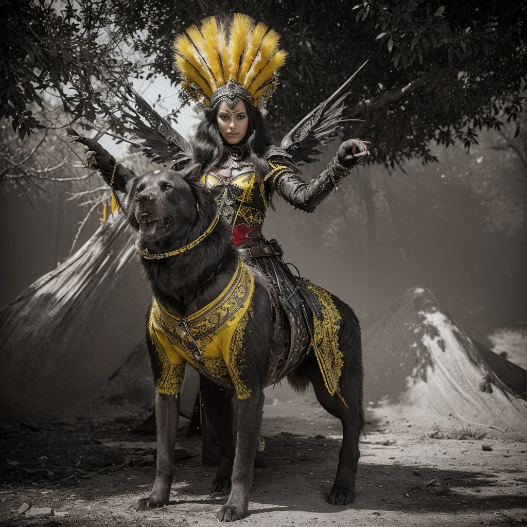 A captivating, high-contrast black and white photograph with striking red, green, and yellow accents. The image, captured by the talented André Uhlisch for National Geographic, features a vibrant, old seestar, dressed in a glistening, elaborate costume. The seestern is adorned with delicate fur arm prosthetics and dust leg prosthetics. standing on top of a big tree In a post-apocalyptic style, the fish rides atop the head of a dog, adding an unexpected and surreal element to the composition.