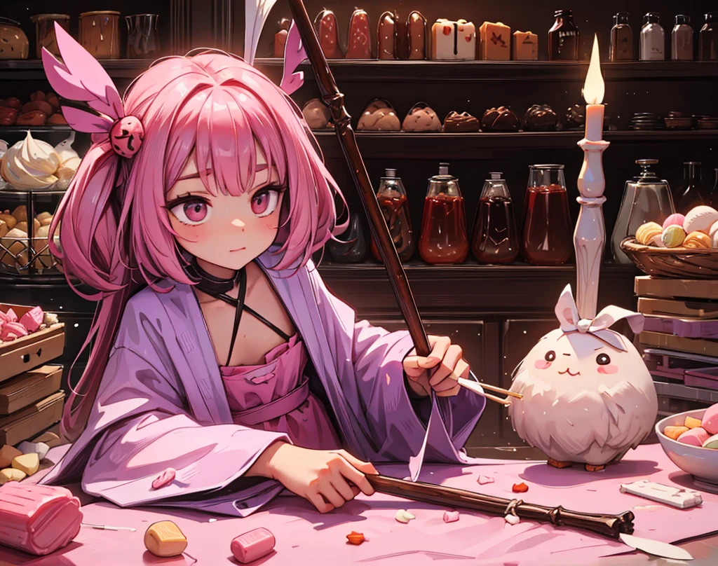 "Confectioner hands over lighter sweets, hitting the stick to deceive."
