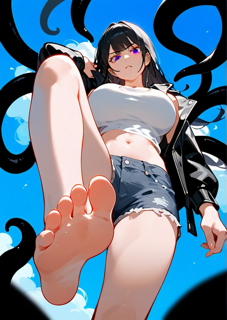 wallpaper，1 woman showing her feet Low Angle，Low Angle，barefoot，suns，Foot Focus，White belly button tank top，Mature，Wearing a black jacket，bangs, Long hair，Black Hair，齐bangs, Denim shorts，Anatomically correct, Big breasts(g)，Eyes on the audience，Contempt，There are many black tentacle-like tails behind it.