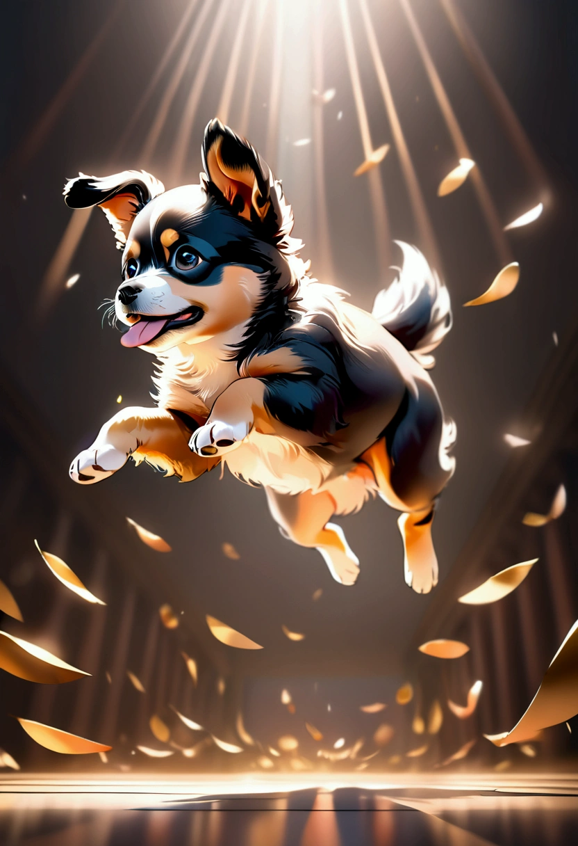 (Flying Puppy), motion blur, full body, award-winning, cinematic still, emotional, vignette, dynamic, vivid, (masterpiece, best quality, Professional, perfect composition, very aesthetic, absurdres, ultra-detailed, intricate details:1.3)