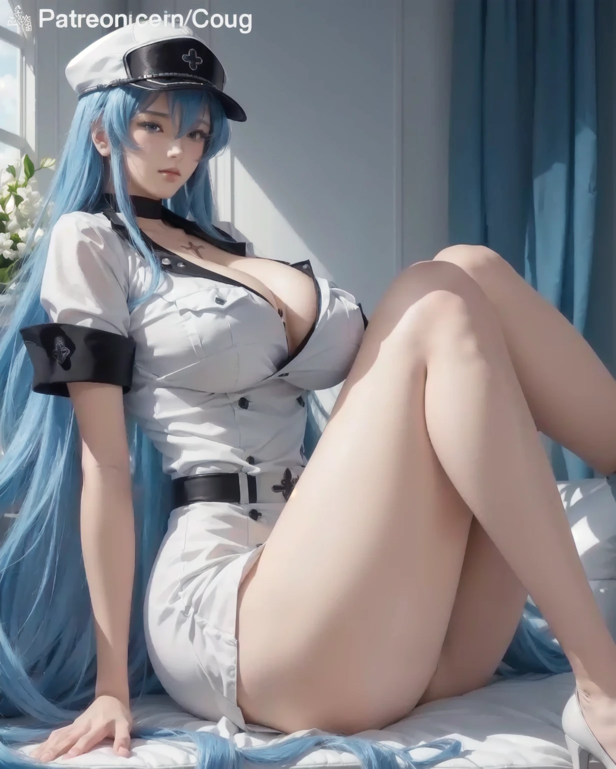 Esdeath, arafed woman in uniform sitting on a bed with a blue curtain, seductive anime girl, top rated on pixiv, azur lane style, pixiv 3dcg, smooth anime cg art, beautiful anime girl squatting, fine details. girls frontline, trending on artstation pixiv, from girls frontline, trending on cgstation, kantai collection style, ultra realistic, 8k hdr.