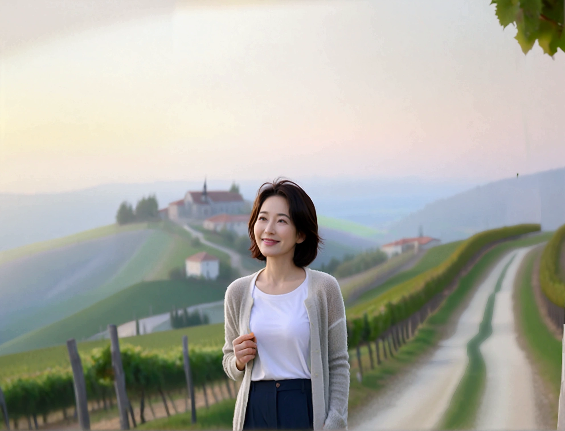 8k best picture quality, Beautiful 36-year-old Korean woman, Chest size 34 inches, northern italy countryside dawn, View of the cathedral next to the vineyards, The back background is realistic and vivid quality., Short hair, High-end luxury brand white shirt and cardigan, Wear casual pants, Smile slightly. the background is clear, It is spring, when grapes have not yet ripened. Standing on a hill on a curved path overlooking a vineyard covered in thick fog, Clear picture quality, Wear high-end luxury brand sunglasses, sunglasses with clear lines, Spring landscape without grapes, Well-groomed hair, Pretty and beautiful like a model, wearing a short cardigan. Well-groomed hair, Dress modestly