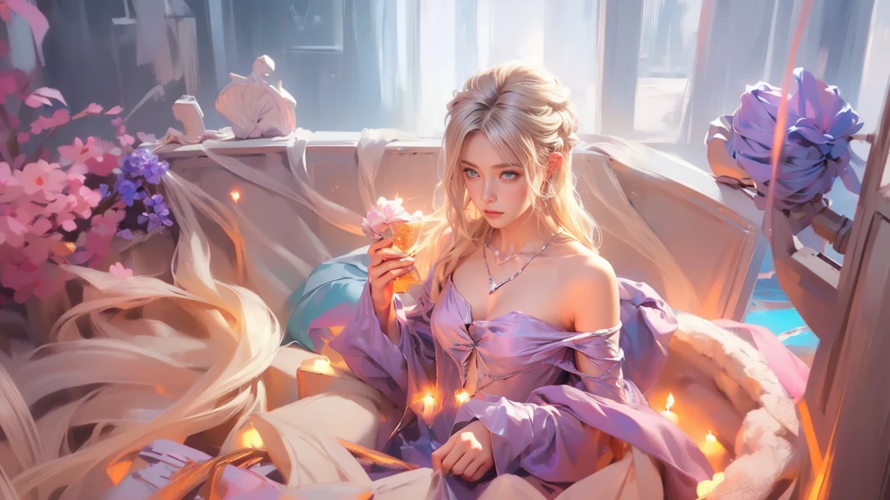 Female, 22 years old, (Fade High Top: 1.3), long hair, blue eyes, dark theme, soothing tones, muted colors, high contrast, (tiny chest:1.5), (cleavage), off-shoulder see-through silver dress, upper body, (natural skin texture, hyperrealism, soft light, sharp), (blonde)
