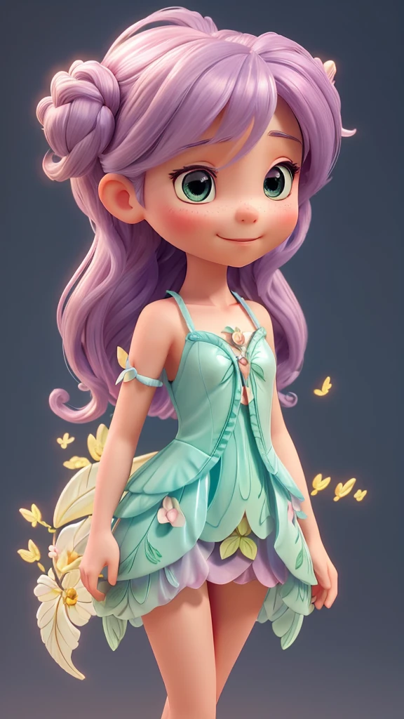 Create a half-body 3D model of a cute fairy girl. She should have delicate, ethereal features with big, expressive eyes and a sweet smile. Her hair should be long and flowing, possibly with some magical sparkle or light effects. She should have elegant, translucent wings with intricate patterns. Her outfit should be whimsical and charming, featuring a combination of natural elements like flowers and leaves, and a pastel color palette. The overall appearance should be enchanting and endearing, capturing the essence of a magical fairy. The model should be facing forward, designed to look like an avatar. Additionally, the focus should be on her face, with a close-up view to highlight her facial features.

