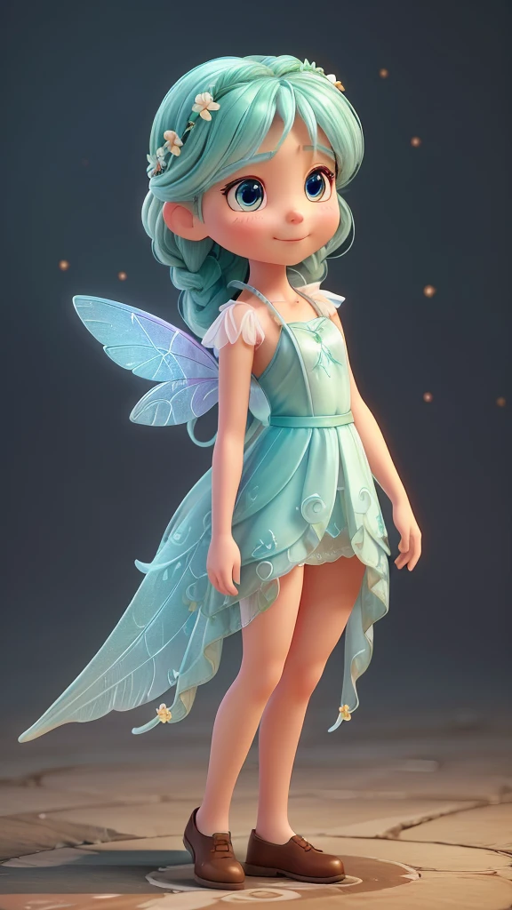 Create a half-body 3D model of a cute fairy girl. She should have delicate, ethereal features with big, expressive eyes and a sweet smile. Her hair should be long and flowing, possibly with some magical sparkle or light effects. She should have elegant, translucent wings with intricate patterns. Her outfit should be whimsical and charming, featuring a combination of natural elements like flowers and leaves, and a pastel color palette. The overall appearance should be enchanting and endearing, capturing the essence of a magical fairy. The model should be facing forward, designed to look like an avatar. Additionally, the focus should be on her face, with a close-up view to highlight her facial features.