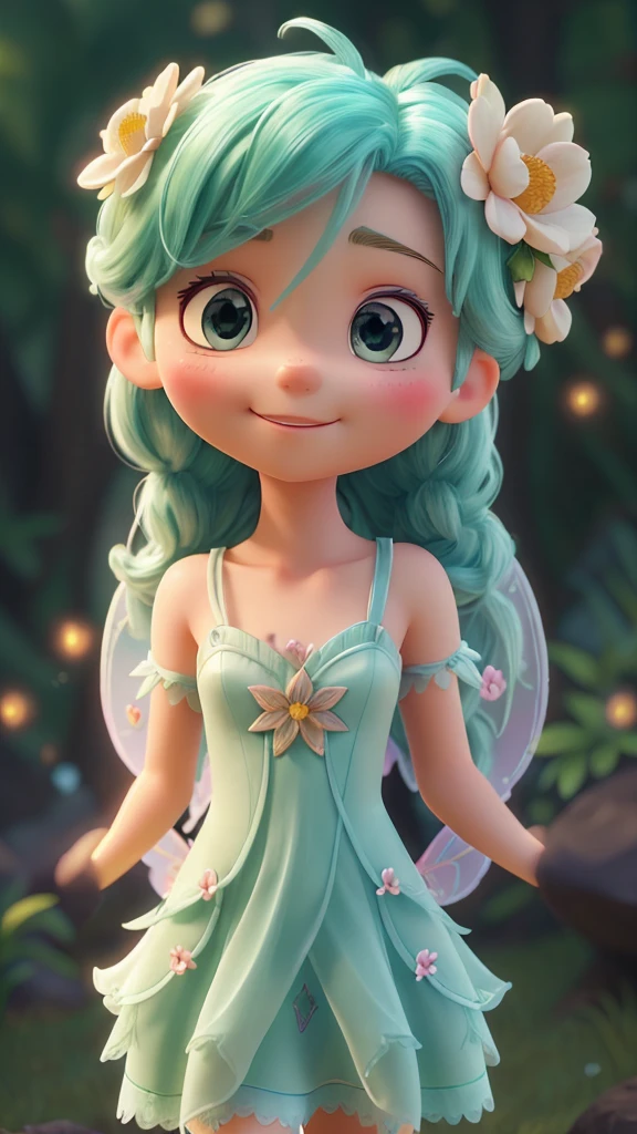 Create a half-body 3D model of a cute fairy girl. She should have delicate, ethereal features with big, expressive eyes and a sweet smile. Her hair should be long and flowing, possibly with some magical sparkle or light effects. She should have elegant, translucent wings with intricate patterns. Her outfit should be whimsical and charming, featuring a combination of natural elements like flowers and leaves, and a pastel color palette. The overall appearance should be enchanting and endearing, capturing the essence of a magical fairy. The model should be facing forward, designed to look like an avatar. Additionally, the focus should be on her face, with a close-up view to highlight her facial features.