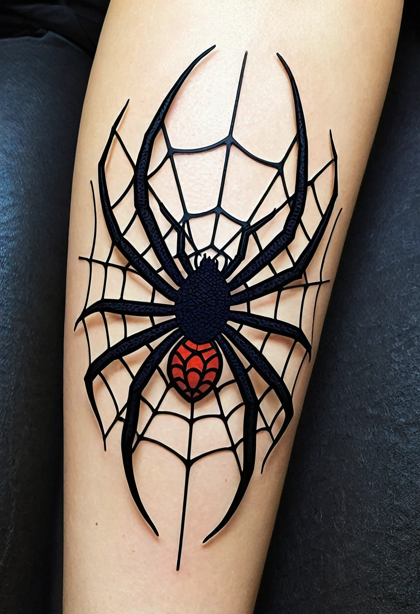 tattoo (12cmx12cm) neotribal style with fine and delicate lines, female in hand with black widow spider theme in spider web, even if the spider is small.