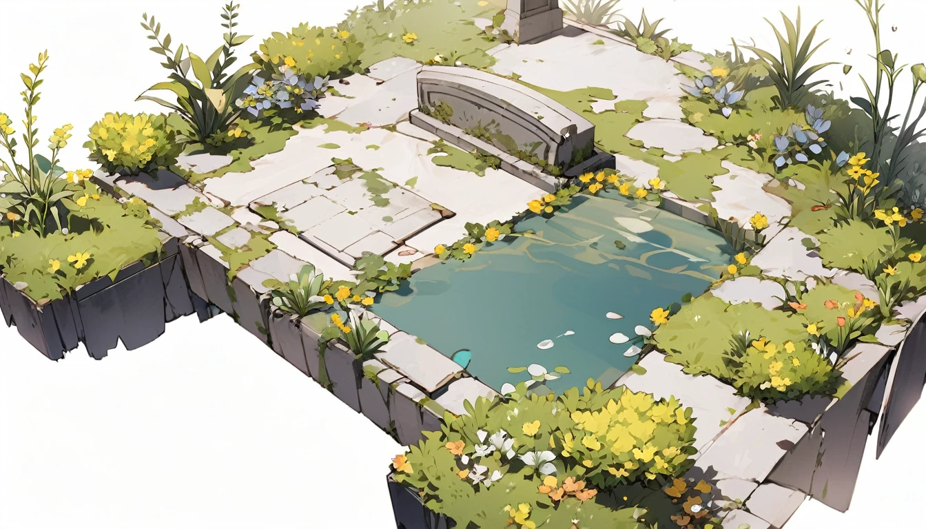 A simple grave with a few aquatic plants. white background cemetery