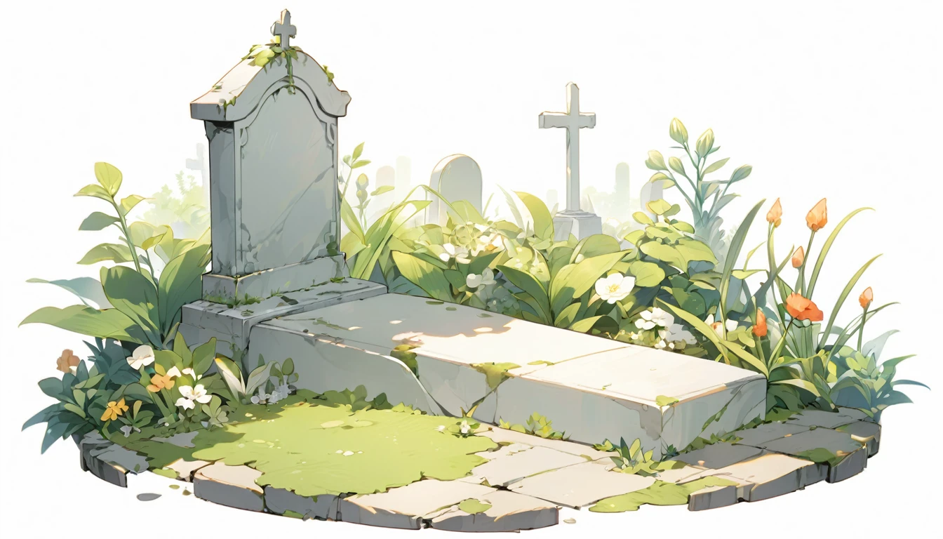 A simple grave with a few aquatic plants. white background cemetery
