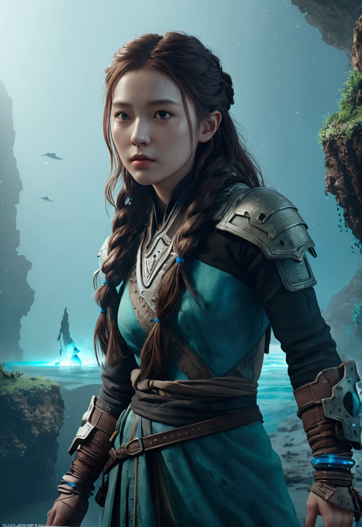 Aloy Horizon, Zero Dawn, A mysterious underwater city with bioluminescent plants and animals, hidden in an underwater cave, illuminated by soft light, creating an atmosphere of magic and mystery highly detailed, extremely detailed, photorealistic, high detail, wallpaper award, winning hyper realistic, ultra detailed, high definition, crisp quality, Ultra realistic. RAW photo, high quality, detail, virtual photographer, photo mode, elegant, high detail, digital painting, concept art, HDR, CGI, by Jeremy Lipking, by Katsuhiro Otomo, by Raymond Swanland, by Antonio Manzanedo
