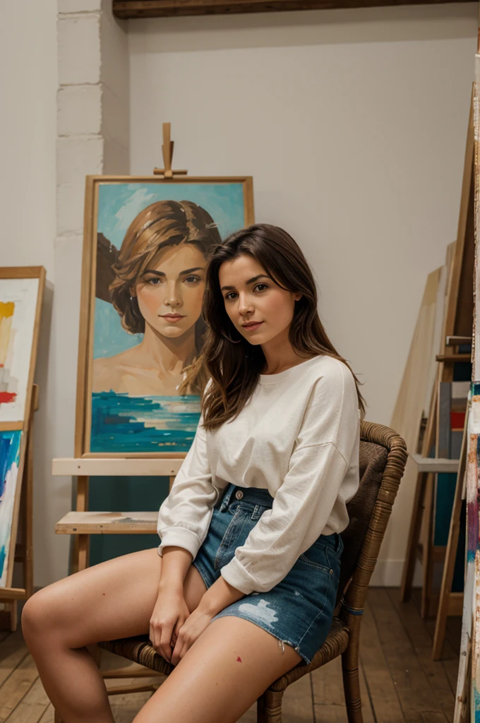 a female artist sitting in front of an chevalet, peinture à l'huile, Beaux yeux détaillés, belles lèvres détaillées, Visage et caractéristiques extrêmement détaillés, long cils, belle jeune femme, expression sereine, posture élégante, chevalet, intérieur du studio, éclairage chaleureux, riche palette de couleurs, pinceau, toile, Photoréaliste, ultra-détaillé, chef-d'œuvre, Éclairage cinématographique, ombres dramatiques