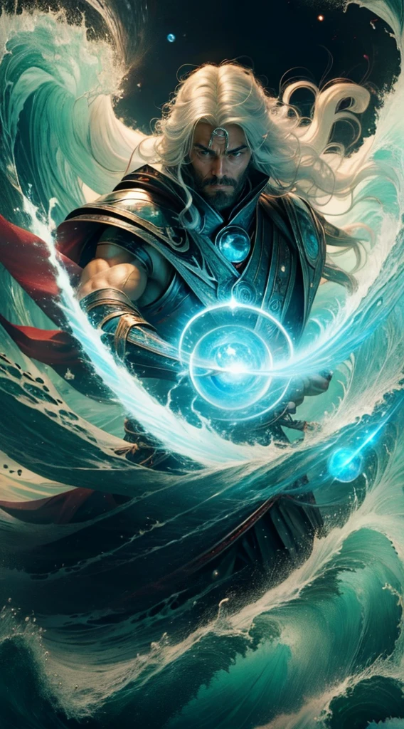 Cosmic, solar system, planets, aliean , warrior,Best quality,masterpiece,ultra high res,1man,whiskers,manly,red glowing eyes,strong body,solo,white hair,long hair,water,waves,lips,upper body,Take the sword.,The best hand,looking at viewer,strong gaze,dynamic shot