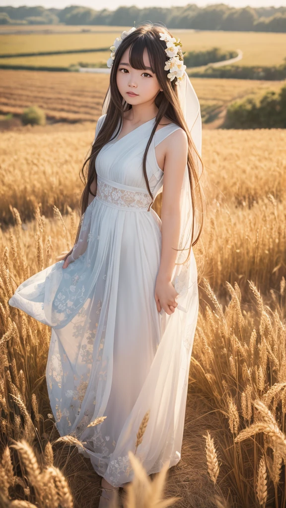 Masterpiece, best quality, very high, details illustration, Portrait, details, 1 girl standing in a wheat field, alone, long hair, set, flower, white hanfu, smile, full body, white flower, bare shoulders, very long hair, aqua hair, gag, Facing the audience, smooth,