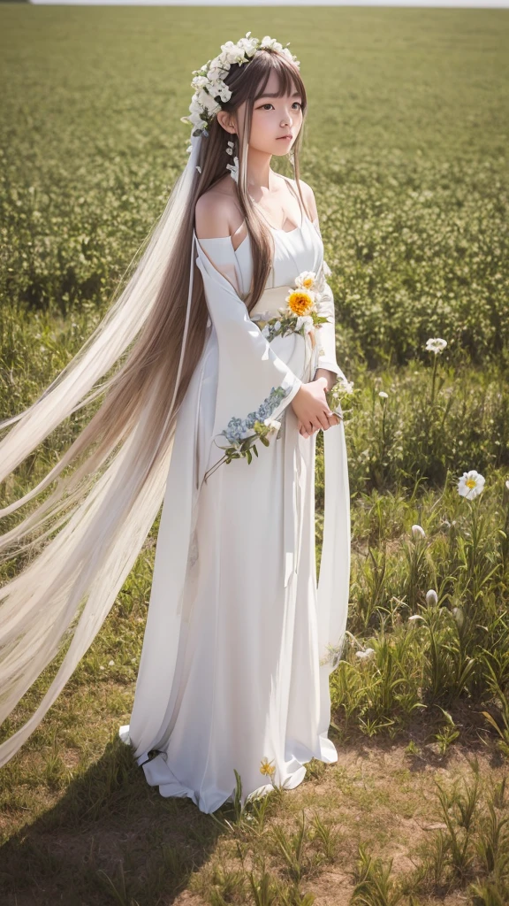 Masterpiece, best quality, very high, details illustration, Portrait, details, 1 girl standing in a wheat field, alone, long hair, set, flower, white hanfu, smile, full body, white flower, bare shoulders, very long hair, aqua hair, gag, Facing the audience, smooth,