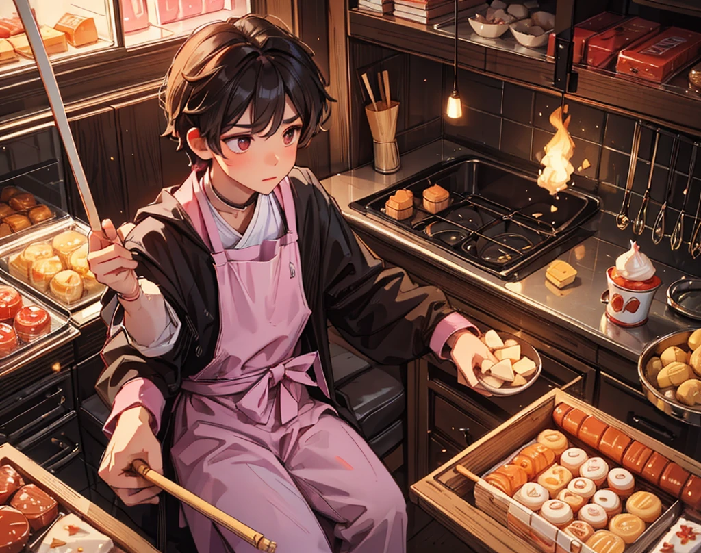 "Confectioner (boy) hands over lighter sweets, hitting the stick to deceive."