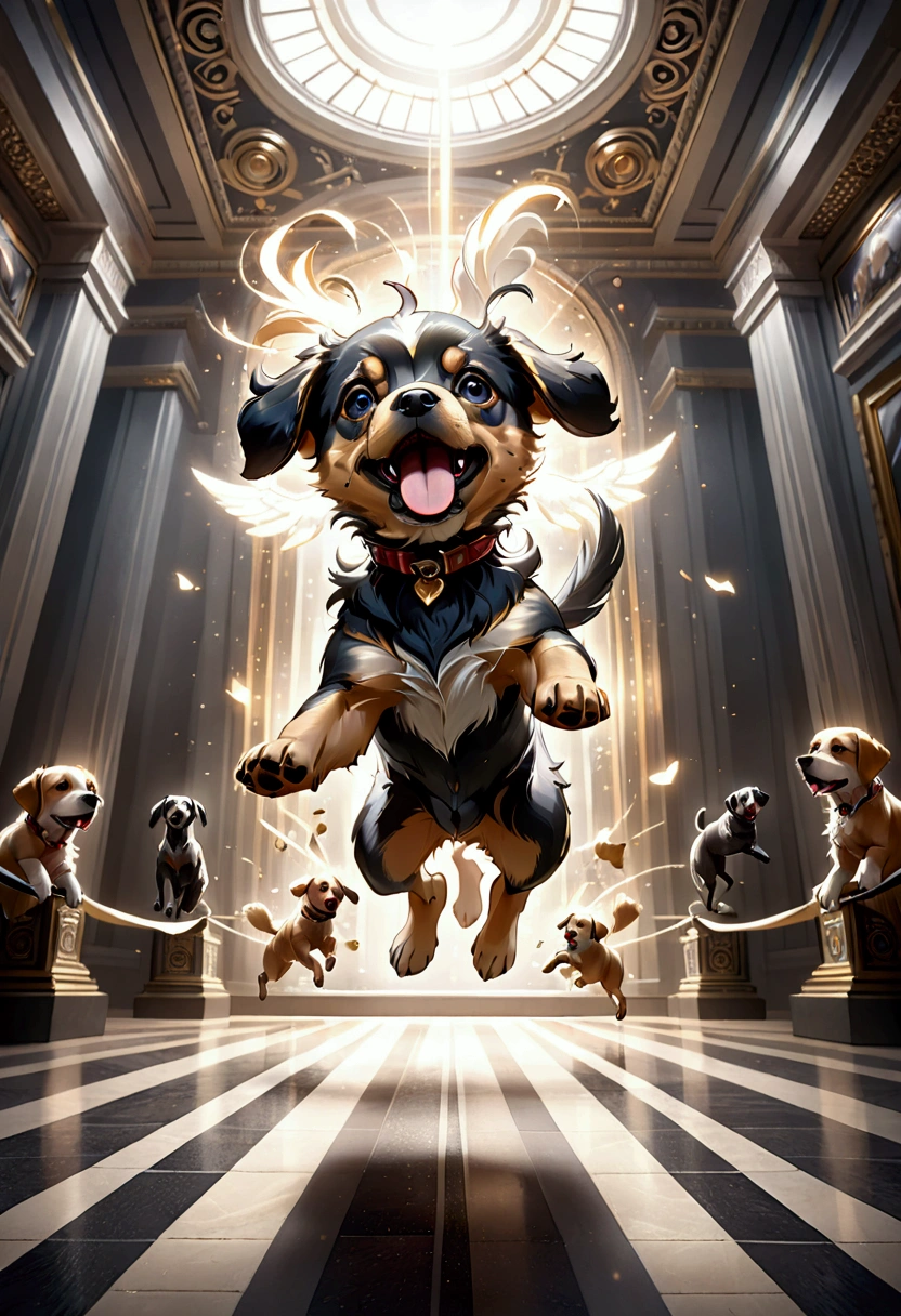(Flying Puppy), motion blur, full body, award-winning, cinematic still, emotional, vignette, dynamic, vivid, (masterpiece, best quality, Professional, perfect composition, very aesthetic, absurdres, ultra-detailed, intricate details:1.3)