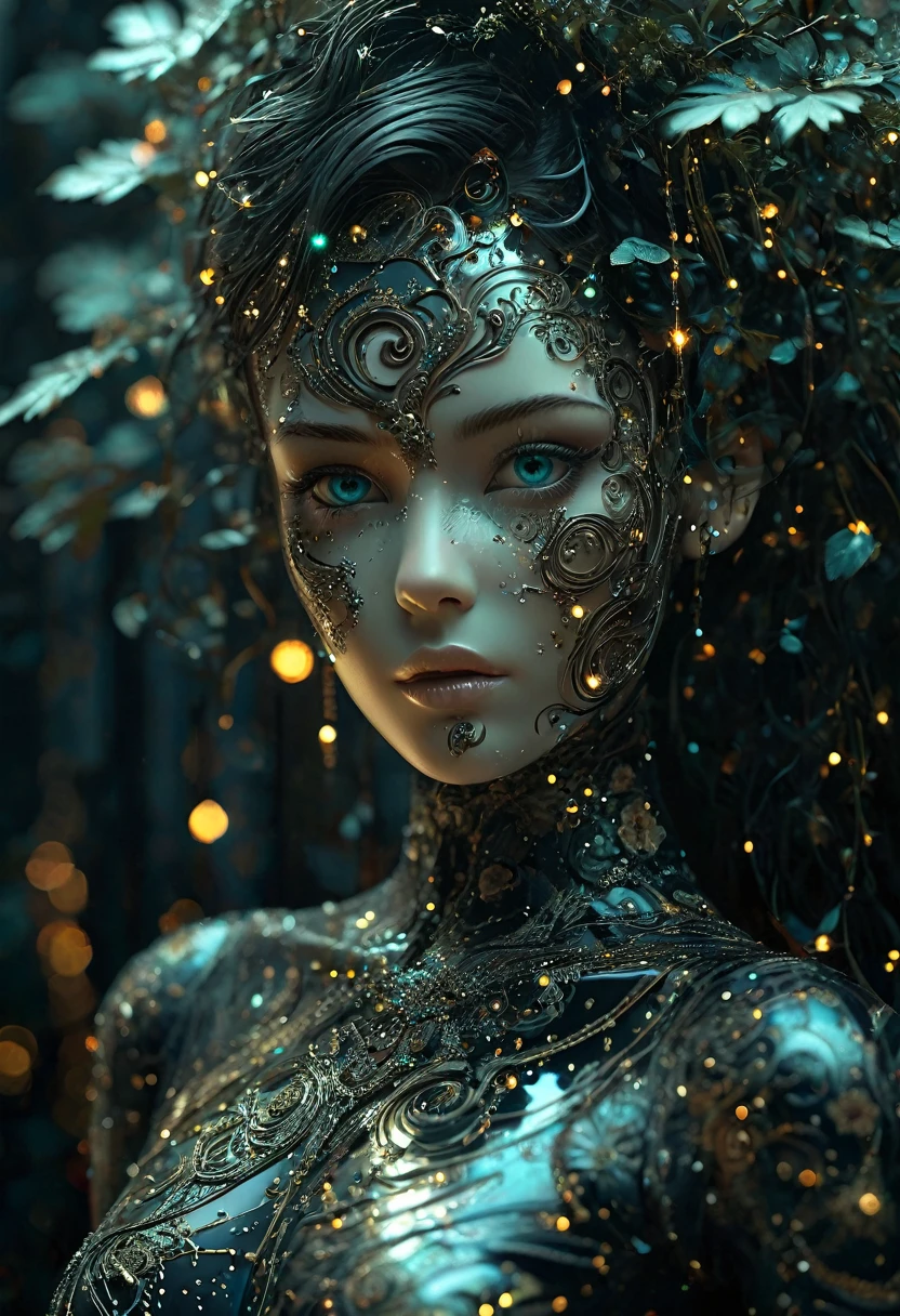 Create an image where the treetops are decorated with twinkling lights, merging nature with a magical starry atmosphere. (Little funny robot, porcelain face and head, big turquoise eyes) perfect eyes double exposure, floral fantasy, dark sci-fi. Gothic biomechanical essence in art deco style,
Her punkish, tattooed, voodoo-like figure is partially hidden in a swirling dress of obsidian silk printed with delicate filigree floral patterns that echo the inimitable style of Gustav Klimt. Finding yourself in an environment of reflective holographic mirror panels,
which split the space around her into a scattering of angular contrasts, a background of shadows on a bright background