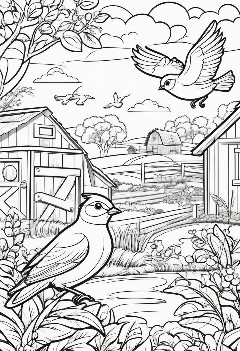 coloring page for kids, Birds around the farm, cartoon style, thick lines