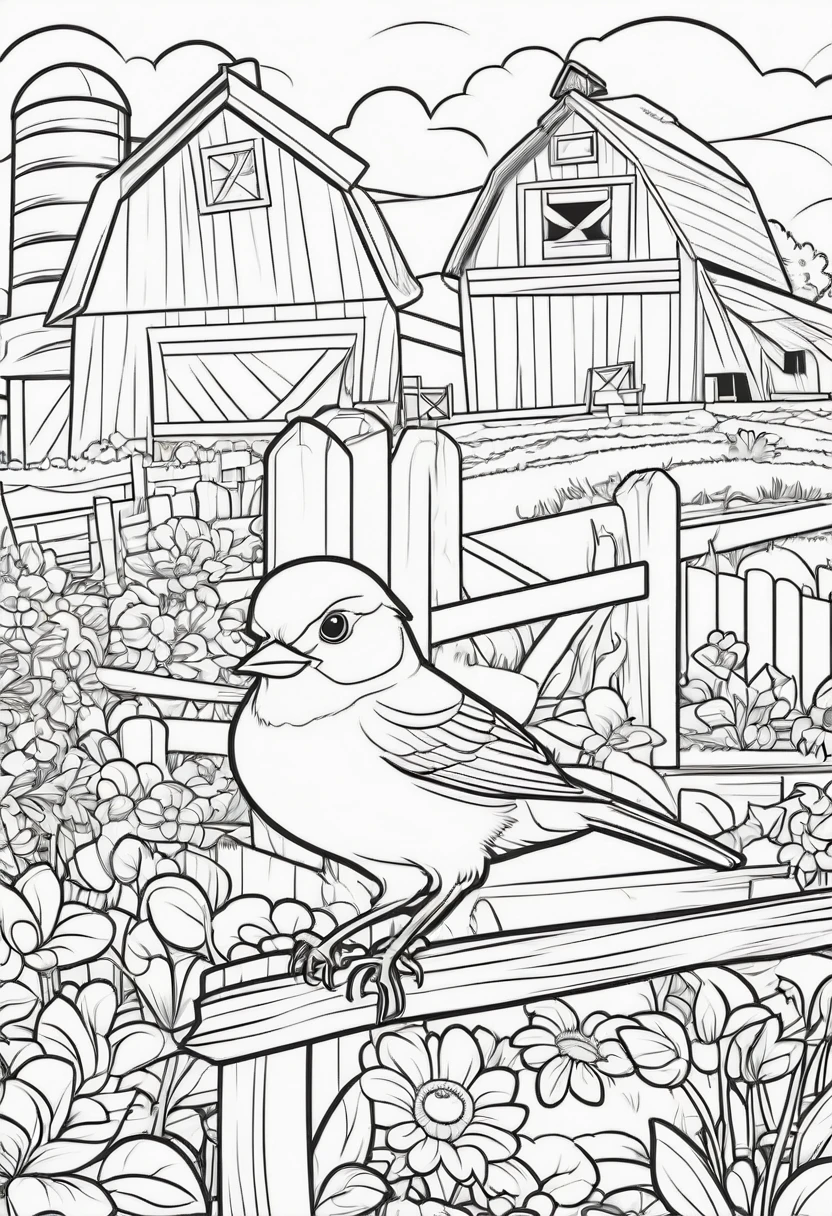 coloring page for kids, Birds around the farm, cartoon style, thick lines