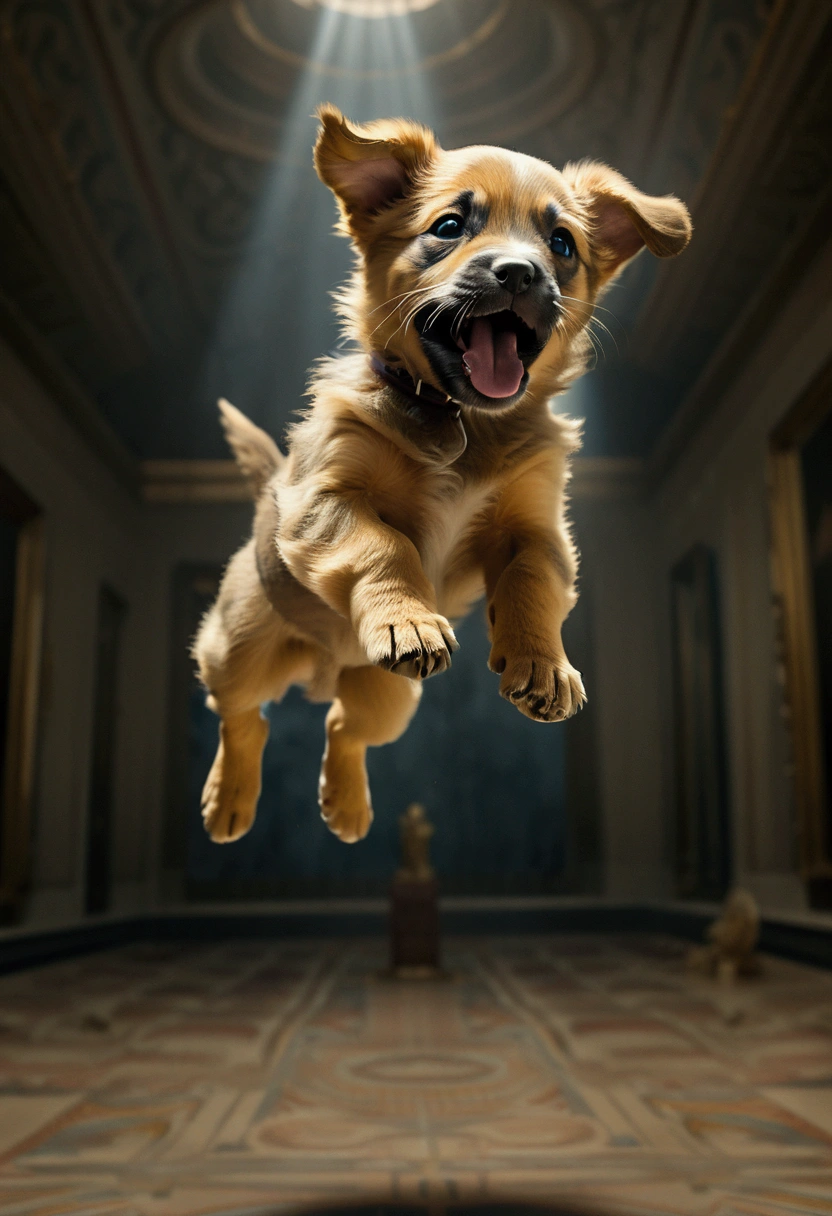 (Flying Puppy), motion blur, full body, award-winning, cinematic still, emotional, vignette, dynamic, vivid, (masterpiece, best quality, Professional, perfect composition, very aesthetic, absurdres, ultra-detailed, intricate details:1.3)​