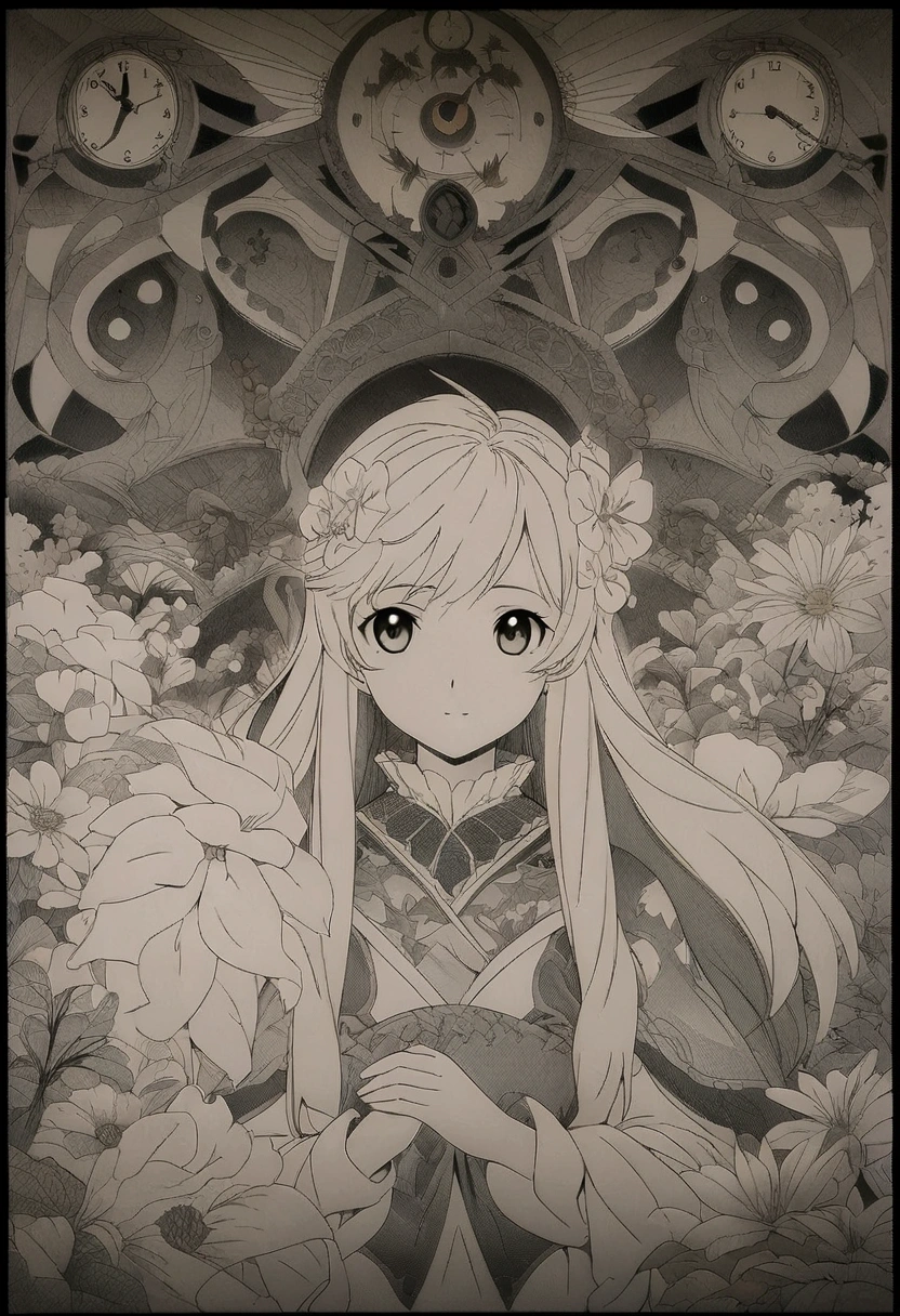 anime girl surrounded by flowers and clocks in a garden, monochrome artwork!!, detailed anime art, detailed anime artwork, intricate manga drawing, intricate ornate anime cgi style, high detailed official artwork, detailed fanart, detailed portrait of anime girl, anime illustration, beautiful anime artwork, clean detailed anime art, anime graphic illustration, pencil and ink manga drawing, anime artwork