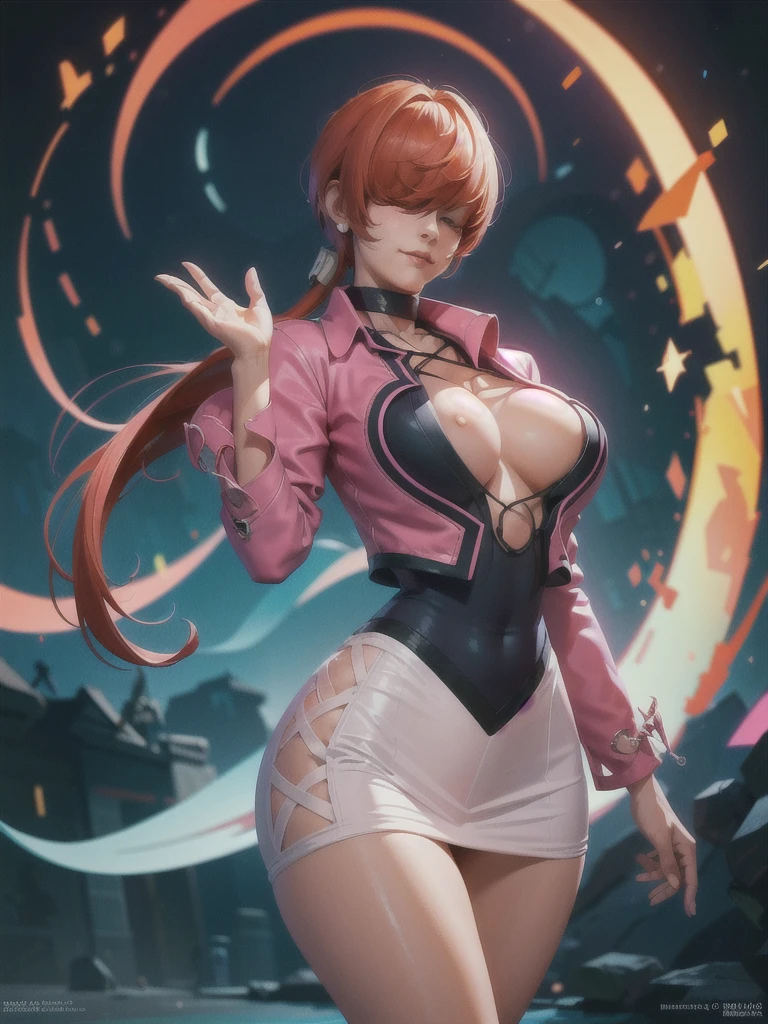 (at night), in a video game scene a blue background of moving circles, standing at attention, pink suit, pink jacket, choker, neckline, cut of clothing, earrings, has long bangs in her hair that covers her eyes ((hair over eyes)), 1 girl, 20 years old, young woman, beautiful finger, beautiful long legs, beautiful body, beautiful nose, beautiful character design, perfect face, looking at the viewer (focusing on her face), closed mouth, Light_Smile, official art, extremely detailed CG unity 8k wallpaper, perfect lighting, bright and colorful front lighting, glowing skin (masterpiece: 1.0), (best_quality: 1.0), ultra high resolution, 4K, ultra detailed photography , 8K, HDR, high resolution, absurdities:1.2, Kodak portra 400, film grain, blurred background, bokeh:1.2, lens flare, (vibrant_color:1.2), professional photography, (Beautiful, breasts: 1.4), (beautiful_face : 1.5), (narrow waist),