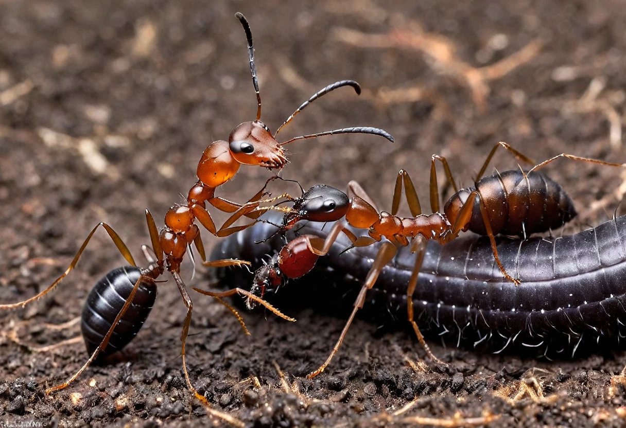 The ant fiercely attacks the worm, using its huge mandibles and menacing appearance to intimidate its opponent.