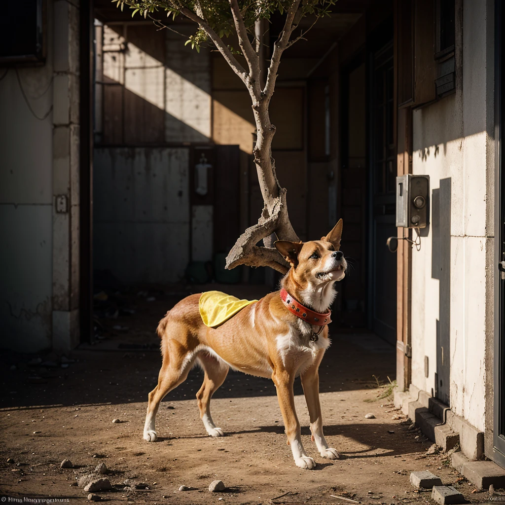 A captivating, high-contrast black and white photograph with striking red, green, and yellow accents. The image, captured by the talented André Uhlisch for National Geographic, features a vibrant, old seestar, dressed in a glistening, elaborate costume. The seestern is adorned with delicate fur arm prosthetics and dust leg prosthetics. standing on top of a big tree In a post-apocalyptic style, the fish rides atop the head of a dog, adding an unexpected and surreal element to the composition. 