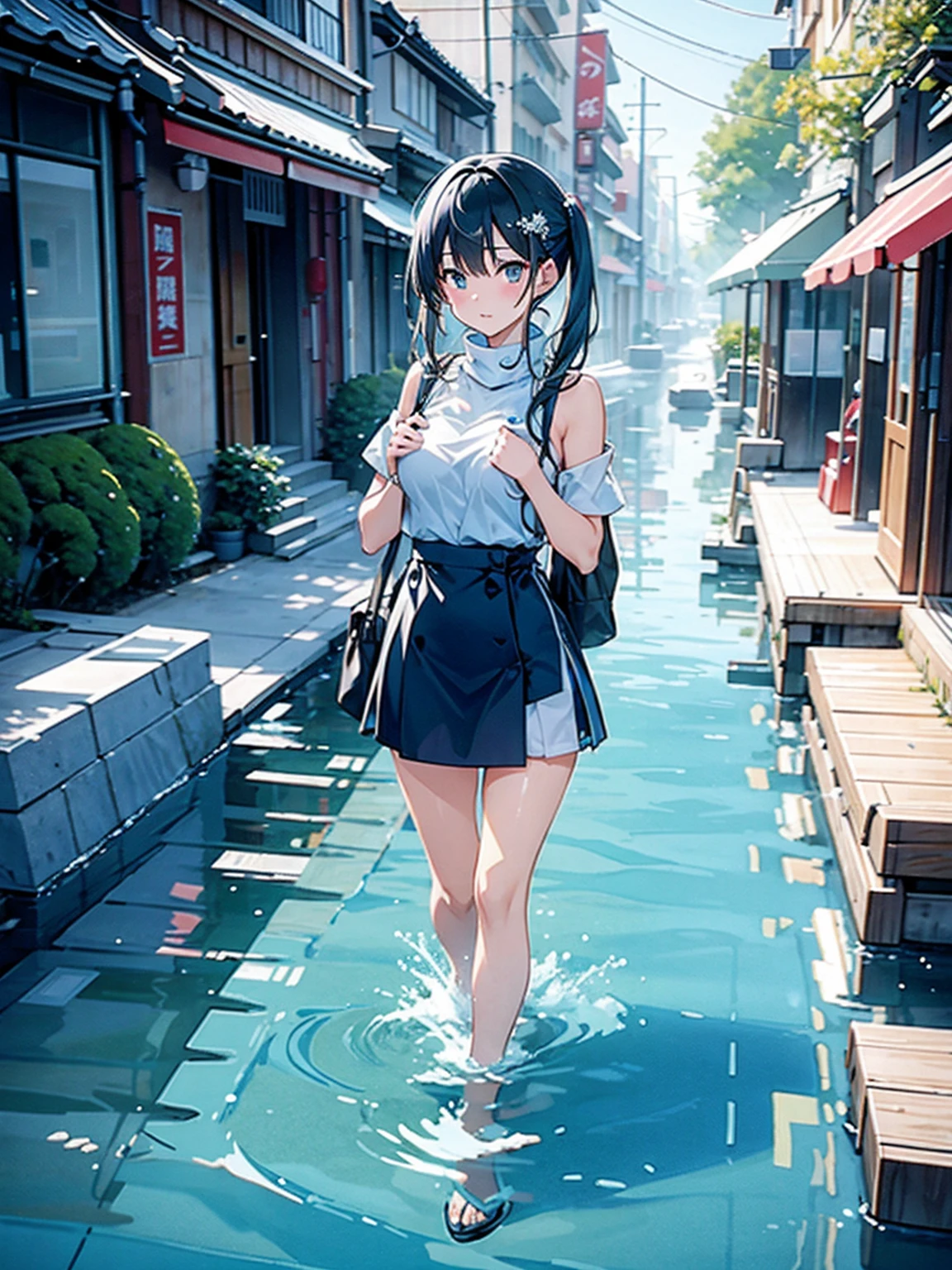 Immerse yourself in cold water up to your chest、bustling street」