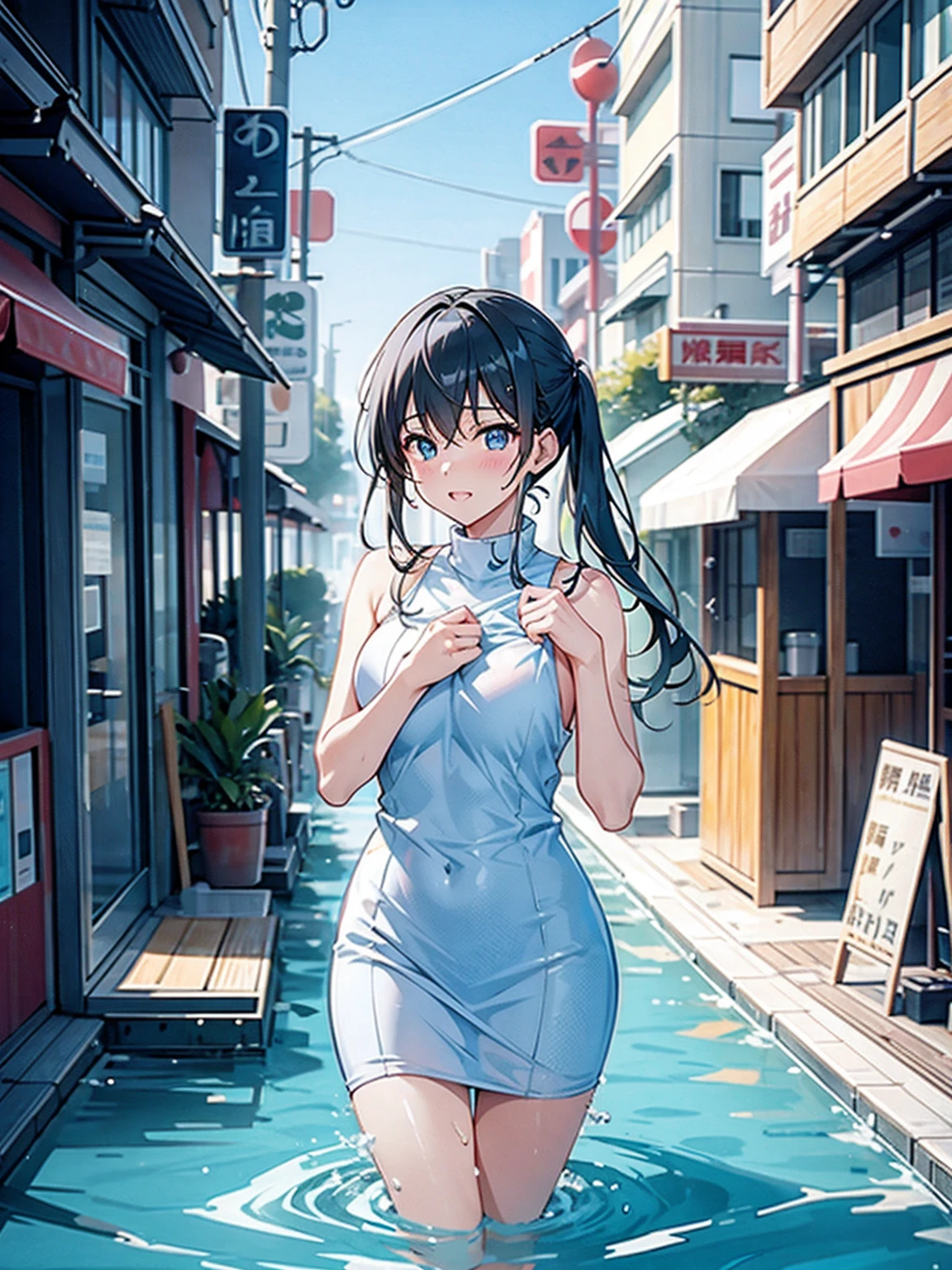 Immerse yourself in cold water up to your chest、bustling street」
