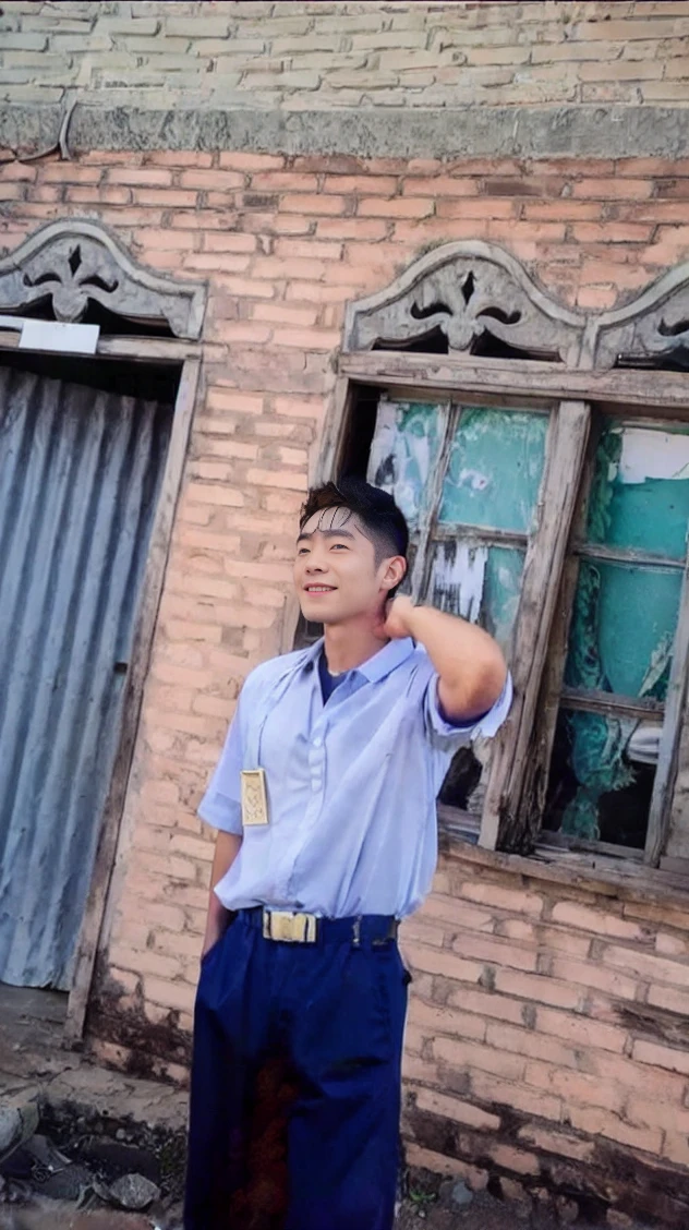 ((Highest quality, 8K, Masterpiece: 1.3))、Thailand Laos Burma Asia, Thai man, A handsome Asian rugby player with short hair, a muscular beard, and big muscles., １A man who has、 yo、Good appearance、Beautiful nose、smile、 Detailed eyes and face、beautiful light、(studio)、high resolution、（Look at the viewer.）、Fine mouth、smile、whole body: 1.5, perfect shape: 1.3, looking at camera ,Gray button-down shirt, ((bedroom)), sunlight looking at the field