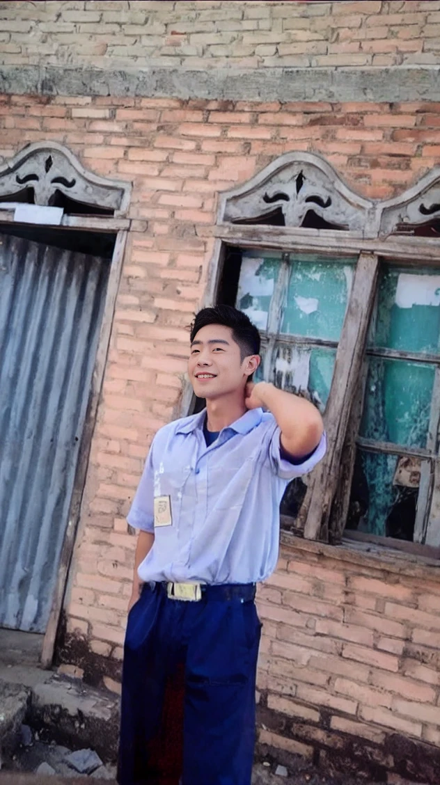 ((Highest quality, 8K, Masterpiece: 1.3))、Thailand Laos Burma Asia, Thai man, A handsome Asian rugby player with short hair, a muscular beard, and big muscles., １A man who has、 yo、Good appearance、Beautiful nose、smile、 Detailed eyes and face、beautiful light、(studio)、high resolution、（Look at the viewer.）、Fine mouth、smile、whole body: 1.5, perfect shape: 1.3, looking at camera ,Gray button-down shirt, ((bedroom)), sunlight looking at the field