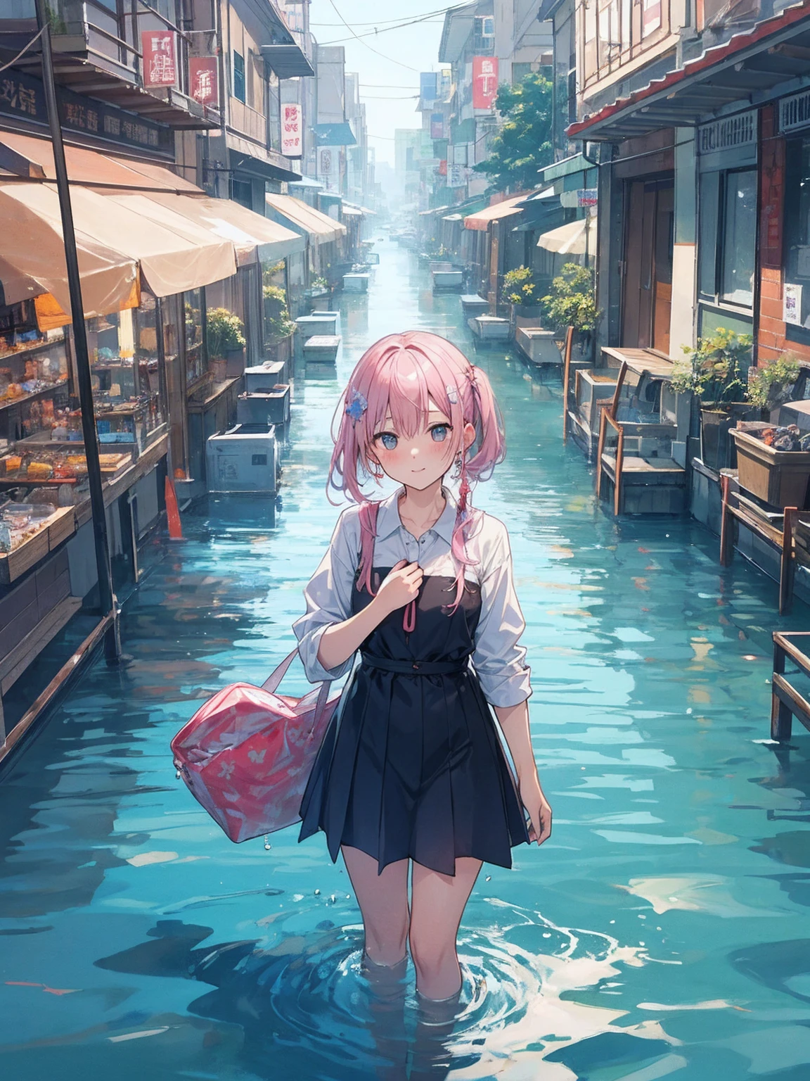 Immerse yourself in cold water up to your chest、bustling street