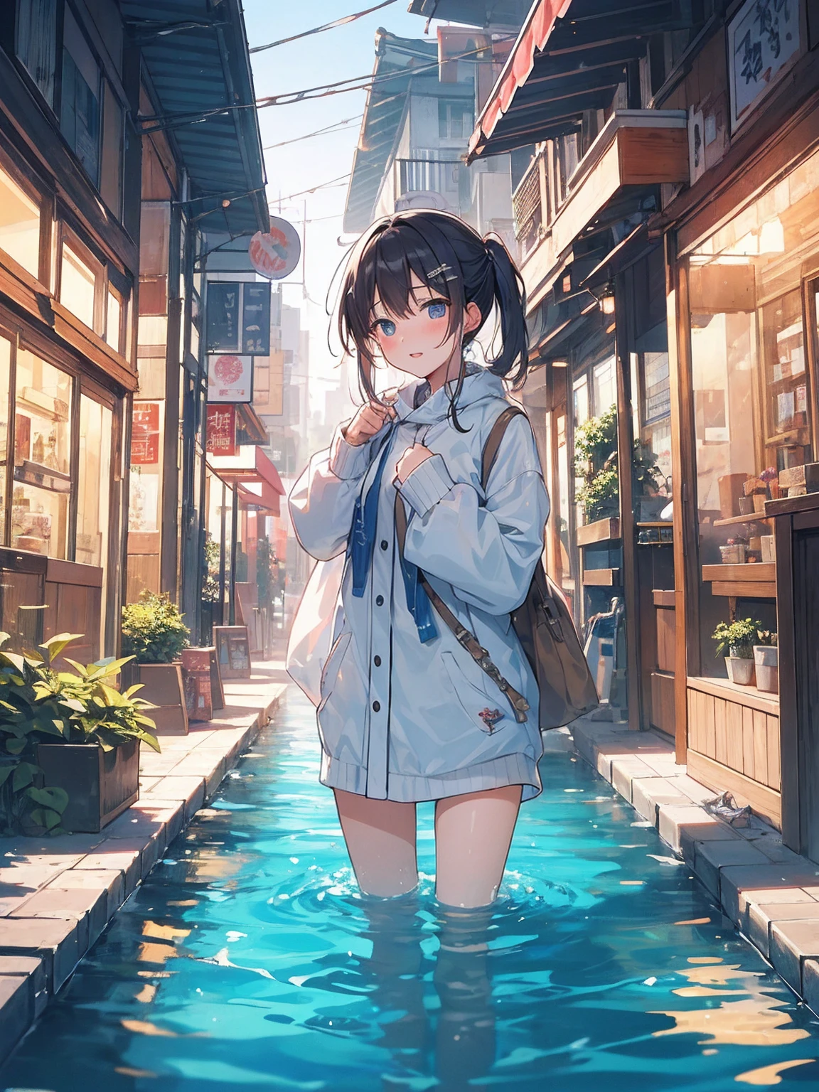 Immerse yourself in cold water up to your chest、bustling street