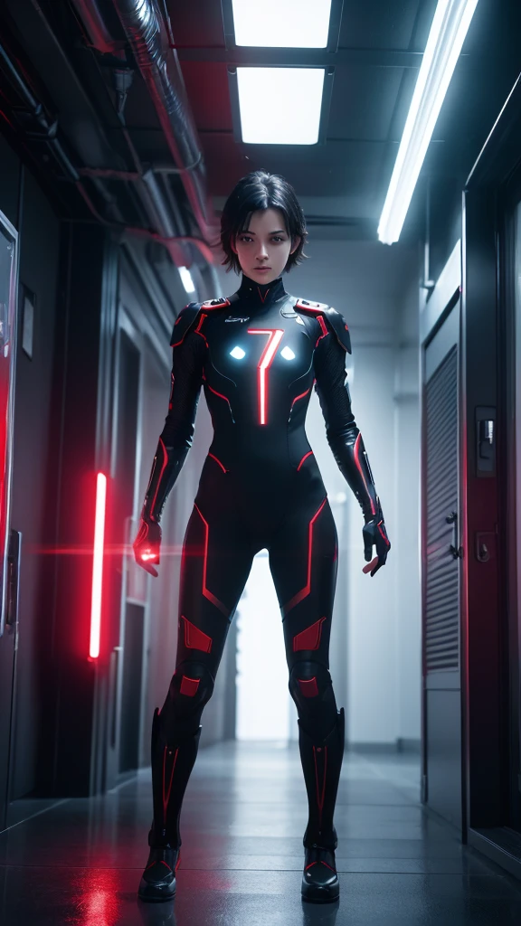 (Very detailed CG unity 8k wallpaper.,Masterpiece),(Best illumination, best shadow, Delicate and extremely beautiful),(1 boy),blue eyes, dark hair,Red and black sci-fi bodysuit,Neck seal,Hi-tech sci-fi hallway, dynamic gesture, Machine details, Sleek design.