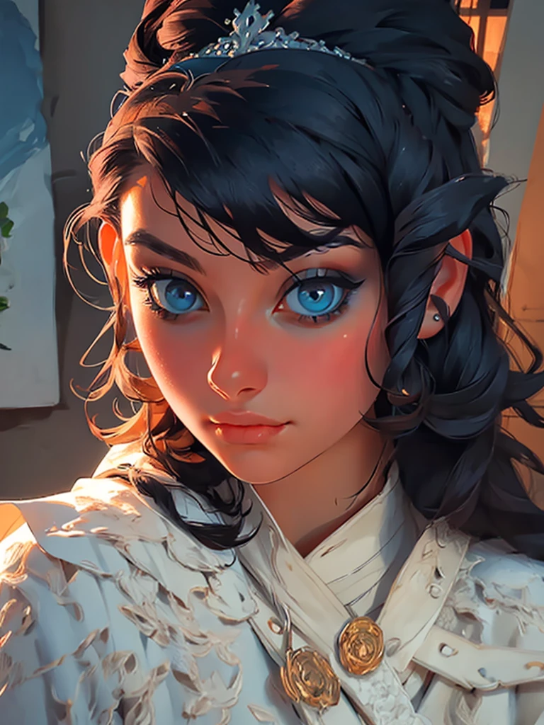 portrait, girl, middle ages, classicism, andrey atroshenko style, painting, pierced eyes, beautifully styled hair, traditional media, realistic, figurative, fine art, oil on canvas, HDR, 8K, original character, high resolution, high detail, focus on the face, beautiful eyes 