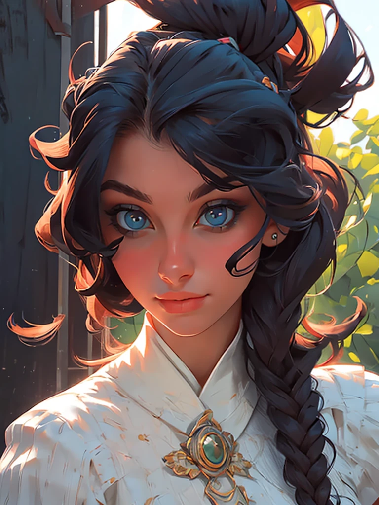 portrait, girl, middle ages, classicism, andrey atroshenko style, painting, pierced eyes, beautifully styled hair, traditional media, realistic, figurative, fine art, oil on canvas, HDR, 8K, original character, high resolution, high detail, focus on the face, beautiful eyes