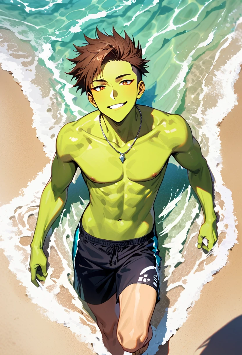 A young man, 21-years-old, solo, green skin, mature face, wild spiky undercut brown hair, orange eyes, daring smile, mouth open, no shirt, shirtless, swimming trunks, thin silver necklace, beach, walking, lying down an a big nenuphar leaf, floating on water