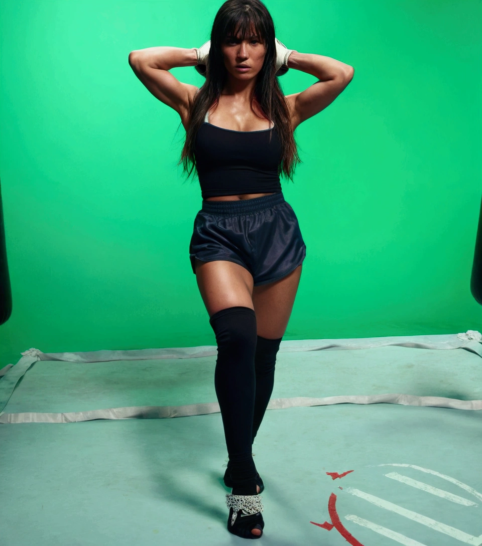 a woman wearing blank boxing gloves in a boxing ring, solo figure, dynamic pose, dramatic lighting, high contrast, cinematic, chiaroscuro, moody, atmospheric, powerful, intense, gritty, muscular physique, strong, determined expression, hyper-detailed, cinematic composition, dramatic camera angle, photorealistic, 8k, best quality, masterpiece