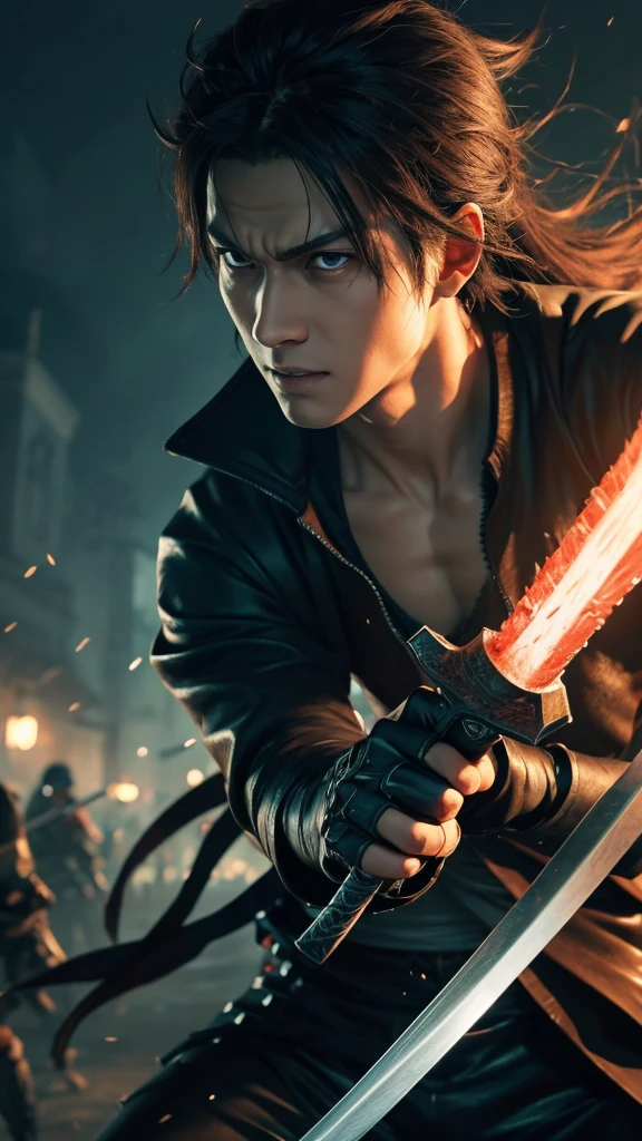 Close-up of a person holding a sword in front of a horde of zombies., Roronoa Zoro, Anime Badass 8K, manga wallpaper 4 k, Best konachan anime wallpaper 4k, Epic anime artwork, Handsome young man in the art of defeating demons, Demon Slayer art style, Anime art wallpaper 4k, Anime art wallpaper 4 k, anime wallpaper 4k