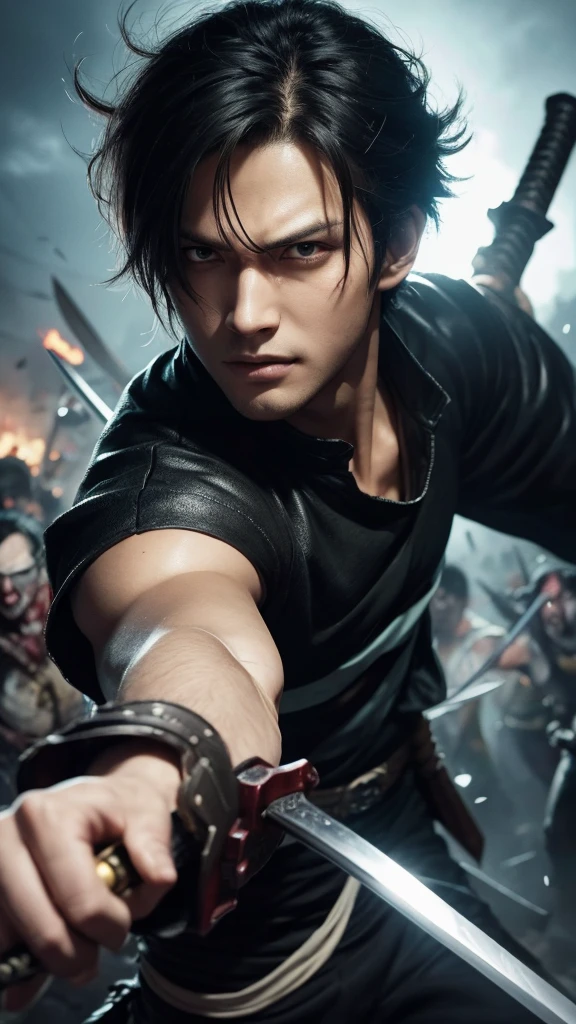 Close-up of a person holding a sword in front of a horde of zombies., Roronoa Zoro, Anime Badass 8K, manga wallpaper 4 k, Best konachan anime wallpaper 4k, Epic anime artwork, Handsome young man in the art of defeating demons, Demon Slayer art style, Anime art wallpaper 4k, Anime art wallpaper 4 k, anime wallpaper 4k
