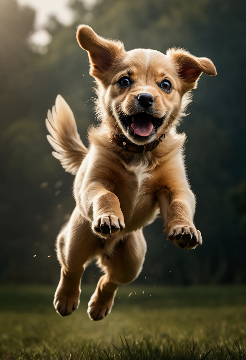 (Flying Puppy), motion blur, full body, award-winning, cinematic still, emotional, vignette, dynamic, vivid, (masterpiece, best quality, Professional, perfect composition, very aesthetic, absurdres, ultra-detailed, intricate details:1.3)