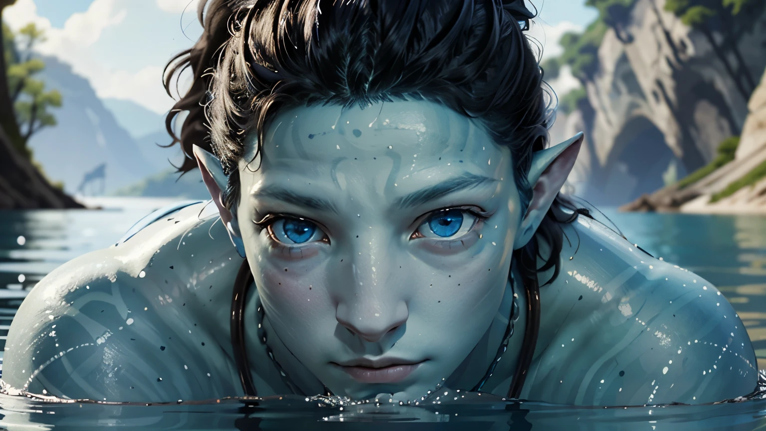 ((ultra detailed, masterpiece, absurdres))
AvAonung, 1boy, blue skin, blue eyes, black hair, looking at viewer, portrait, in a lake