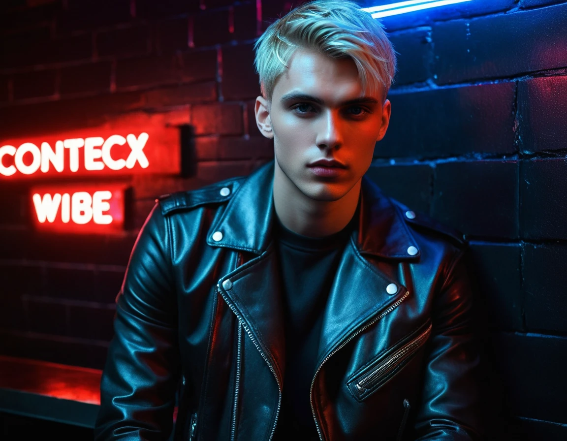 Hyper realistic, dark vibes, solo, young male fashion model, round face shape, 22 years, pale skin, blue eyes, (short textured blond hair:1.1), tussled side swept fringe, black leather jacket, (holding a knife:1.1), dark lighting, in luxury night club room, (smirk:1.1), (red neon sign in background that says "CONTEXT":1.1)