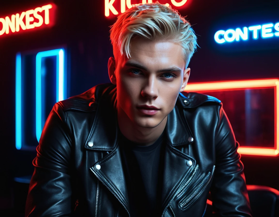Hyper realistic, dark vibes, solo, young male fashion model, round face shape, 22 years, pale skin, blue eyes, (short textured blond hair:1.1), tussled side swept fringe, black leather jacket, (holding a knife:1.1), dark lighting, in luxury night club room, (smirk:1.1), (red neon sign in background that says "CONTEXT":1.1)