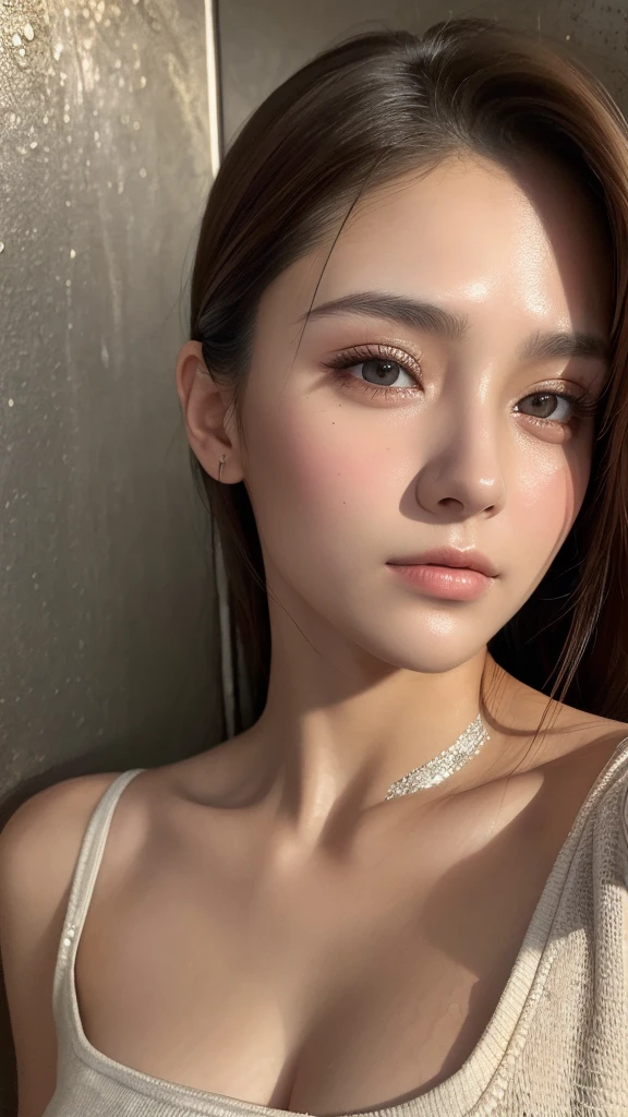 8ก, best quality, Masterpiece, Ultra high resolution, (realism: 1.4), original photo, (Realistic skin texture: 1.3), (Film texture: 1.3), (Selfie corner), 1 woman, Beautiful eyes and facial details, Masterpiece, best quality, close up, upper body, looking at the audience