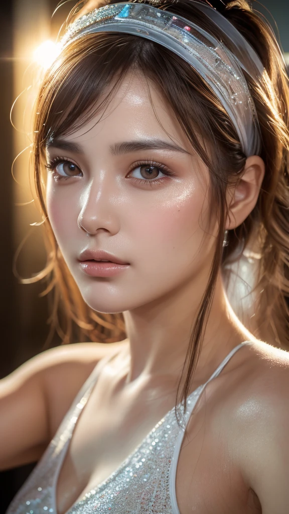 8ก, best quality, Masterpiece, Ultra high resolution, (realism: 1.4), original photo, (Realistic skin texture: 1.3), (Film texture: 1.3), (Selfie corner), 1 woman, Beautiful eyes and facial details, Masterpiece, best quality, close up, upper body, looking at the audience